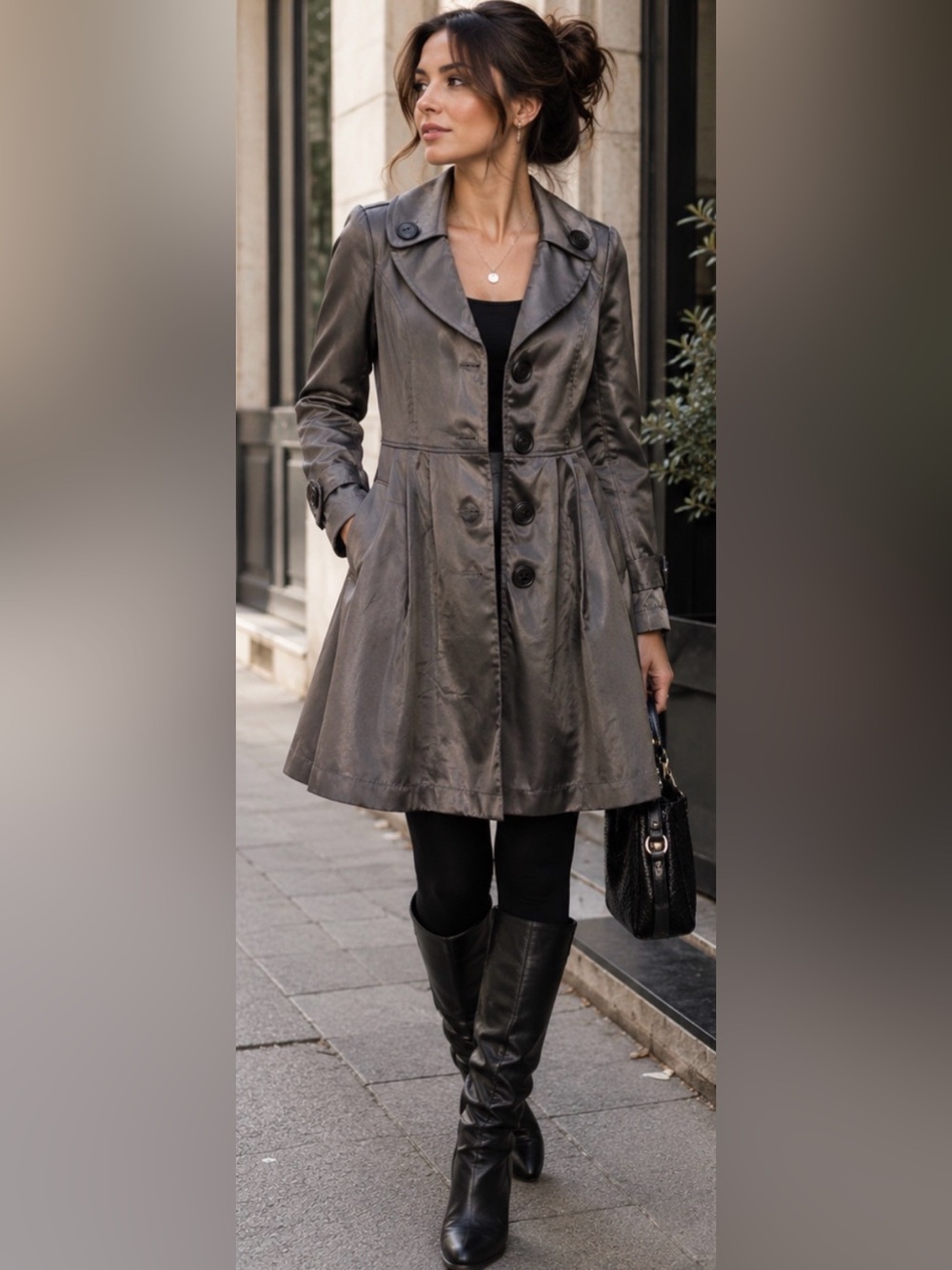Red Earth Satin Trench Coat Pleated Fit & Flare Statement Jacket - Belt Missing